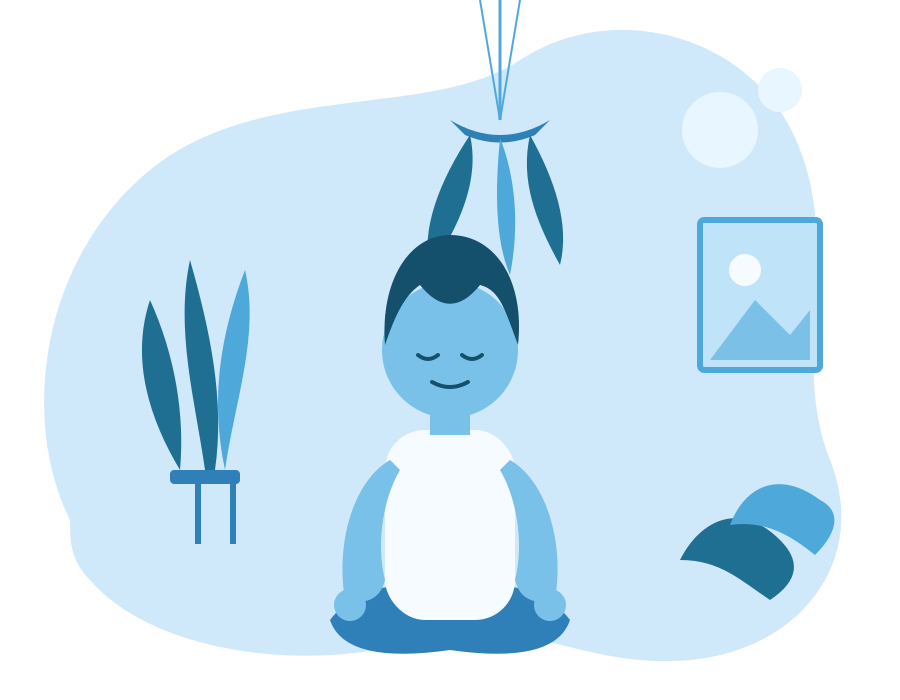 Meditation guide for beginners: person sitting cross-legged with eyes closed in a calm, plant-filled room