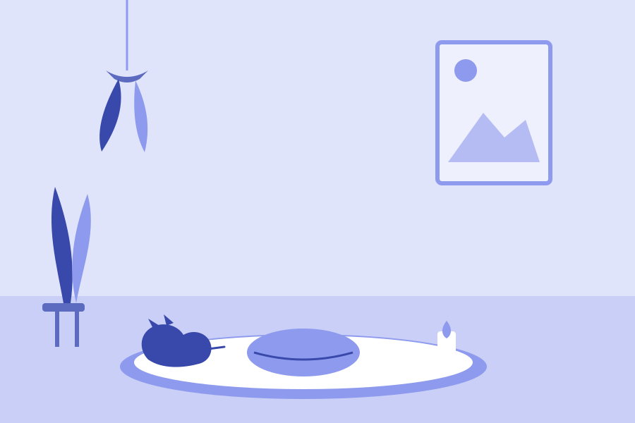 Meditation guide for beginners: calm, dedicated meditation corner with a mat, cushion, candle, and a sleeping cat